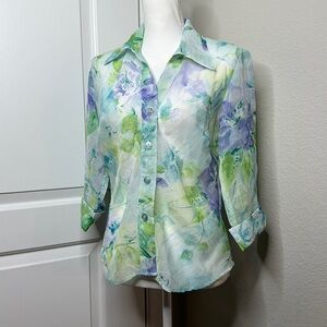 Vintage 90s Y2K Floral Sheer Chiffon Button Down Green a blue Purple Collar
